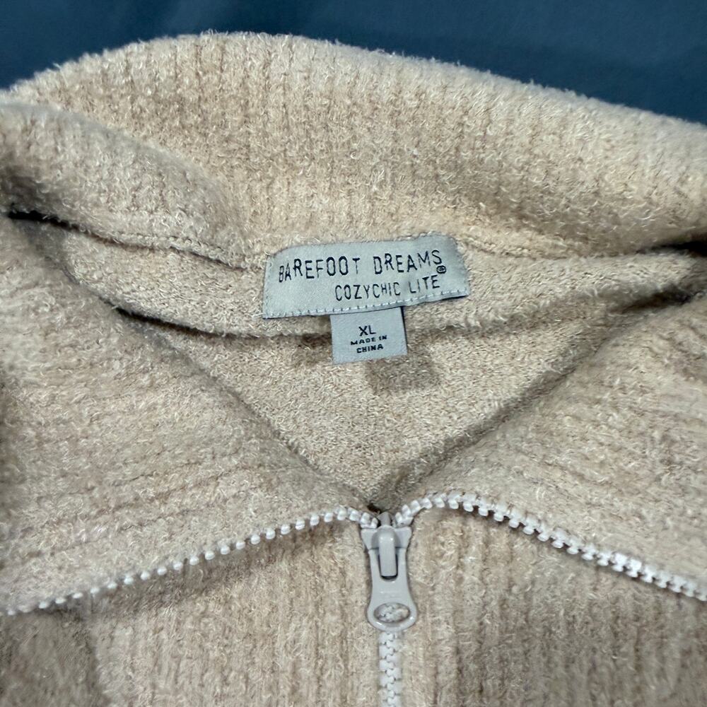 Barefoot Dreams CozyChic Lite 1/4 Zip Pullover Sweater Tan XL Kangaroo Pocket - Picture 2 of 6